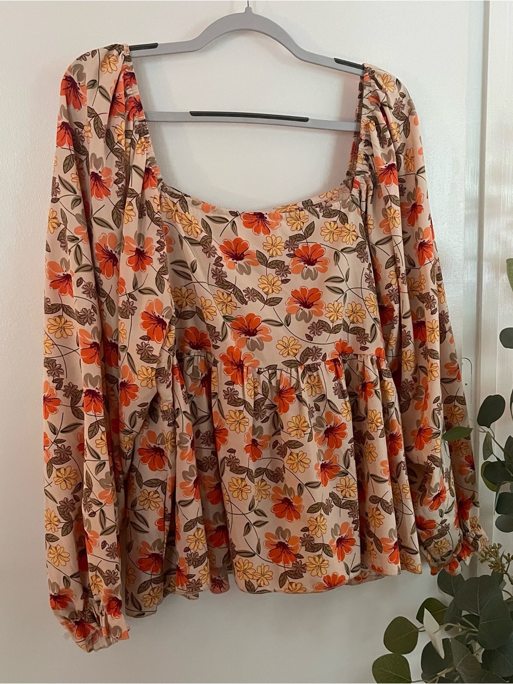 SHEIN Cream Blouse with Orange & Yellow Floral Print
